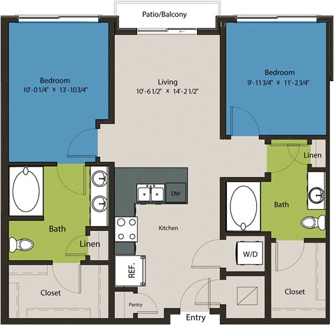 Floor plan for 2 beds, 2 baths, 967 sqft